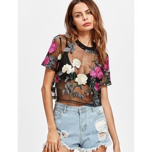 💥Black mesh top with embroidered flowers 💥